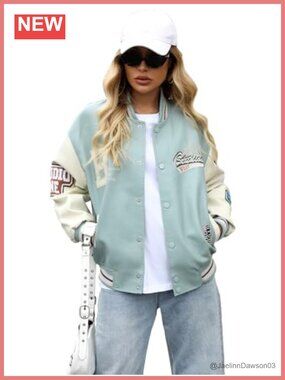 Faux Leather Varsity Bomber Jacket Embroidered Patch Motorcycle Biker Coat